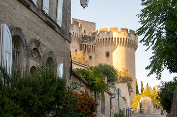 Old buildings and narrow streets in medieval town Villeneuve les Avignon in summer