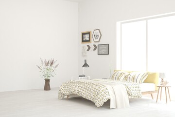 White bedroom interior. Scandinavian design. 3D illustration