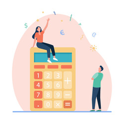 Tiny people and large calculator. Finance, digit, conversion flat vector illustration. Accounting and calculation concept for banner, website design or landing web page