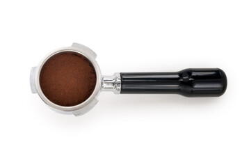 Top view of a filter holder for espresso machine isolated on white background. Contains clipping...