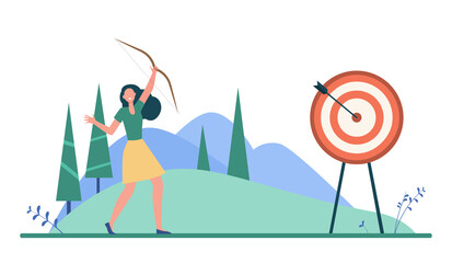 Happy woman reaching target or goal. Arrow, achievement, aim flat vector illustration. Targetting and business concept for banner, website design or landing web page