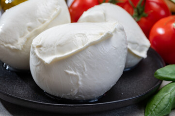 Fresh handmade soft Italian cheese from Campania, white balls of buffalo mozzarella cheese made from cow milk ready to eat