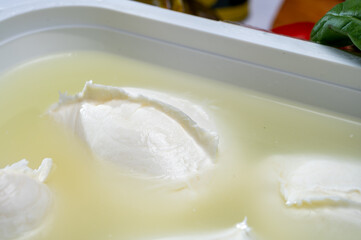 Cheese shop, fresh handmade soft Italian cheese from Campania, white balls of buffalo mozzarella cheese made from cow milk in container with water