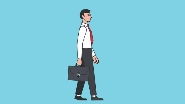 Cartoon Businessman Character Walking Cycle with Briefcase Loop Animation Isolated with Luma Matte