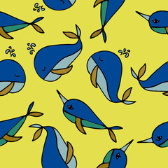 whale and narwhal, sea animals pattern. Animals akeana seamless pattern on yellow background .seamless pattern with fish © Irina Liubimova