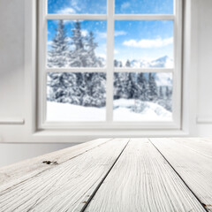 Table background of free space and winter window 