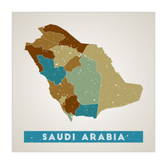 Saudi Arabia map. Country poster with regions. Old grunge texture. Shape of Saudi Arabia with country name. Beautiful vector illustration.