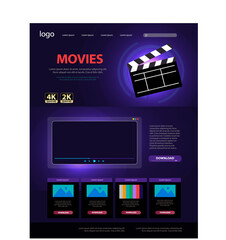 movie, video content, online platform landing page design, webpage vector illustration, clapperboard on ultraviolet background