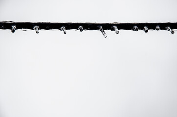 The wires are covered with ice. Ice wires. Black line on a white background. Intersection line on black and white background. The border between black and white. Abstraction. Minimalism