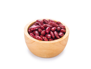 Red beans in wood bowl on white background.