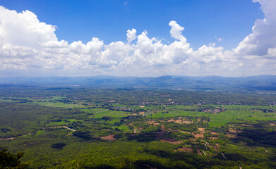 Aerial view over Wat Chalermprakiat temple on the rock cliffs of Lampang, Thailand