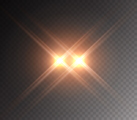  Star burst with beams isolated on transparent background. Golden flash with rays or gold spotlights. Glow car headlamp light effect