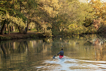 Fototapeta na wymiar Russia. Krasnodar region. City Of Krasnodar. November 3, 2020. Kayak training. The center of sports preparation on rowing on kayaks and a canoe. Staraya Kuban Lake.
