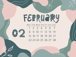 Creative February 2021 calendar page for planners, posters, prints, cards, etc. Abstract shapes, memphis background.