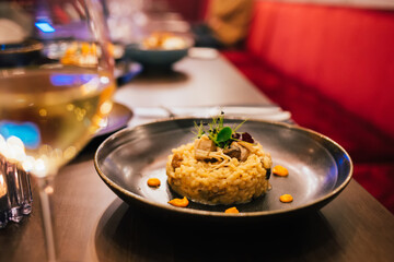 Tasty rice dish with herbs and sauce