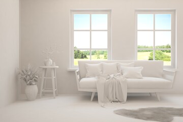 White living room with sofa and summer landscape in window. Scandinavian interior design. 3D illustration
