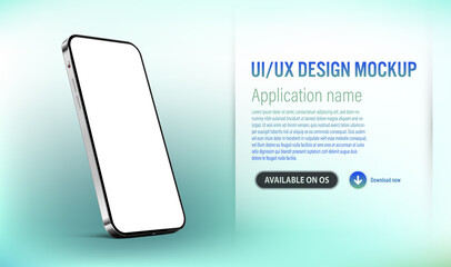 UI or UX smartphone mobile app template on blue background with application description and download link - small and big version of phone