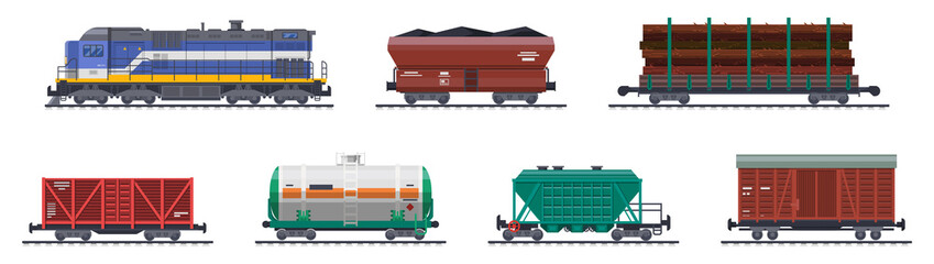 Train freight wagons, rail cargo and railroad containers, vector railway goods carriage transport. Train freight wagons with coal, tank cistern and boxcar platform, industrial carriages, side view - obrazy, fototapety, plakaty