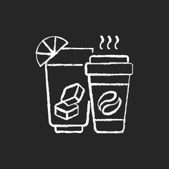 Drinks and beverages chalk white icon on black background. Ordering soda, juice, beer from warehouses and stores. Fresh-roasted coffee, tea. Isolated vector chalkboard illustration