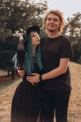 
young couple walking in the park
