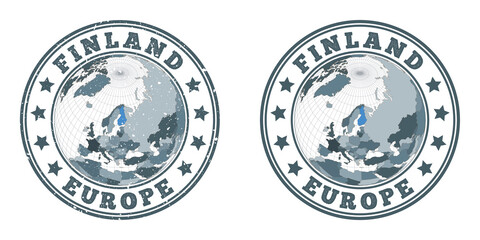 Obraz premium Finland round logos. Circular badges of country with map of Finland in world context. Plain and textured country stamps. Vector illustration.
