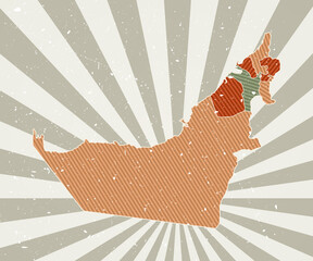 UAE vintage map. Grunge poster with map of the country in retro color palette. Shape of UAE with sunburst rays background. Vector illustration.