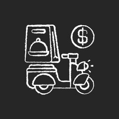 Delivery fee chalk white icon on black background. Courier service. Online ordering. Collecting money from consumers. Cashless payment. Paying online. Isolated vector chalkboard illustration