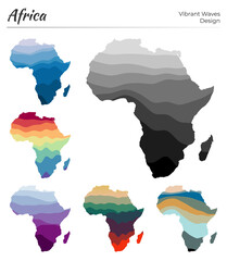 Set of vector maps of Africa. Vibrant waves design. Bright map of continent in geometric smooth curves style. Multicolored Africa map for your design. Amazing vector illustration.