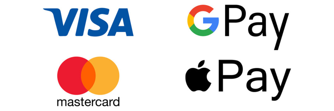 Google pay, Apple pay, Visa and Mastercard. Isolated payment system. G pay and Apple pay logo. Mastercard and visa icons. Editorial vector. Rivne, Ukraine - November 18, 2020.