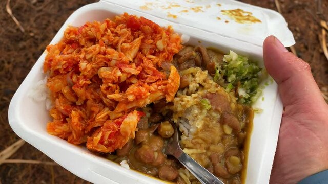 Hand holding a tray of traditional rougail cod curry from Reunion Island