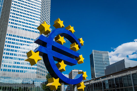 Frankfurt, Germany - July 2019: Euro Sign at European Central Bank (ECB), the central bank for the euro and administers the monetary policy of the Eurozone in Frankfurt, Germany.