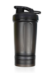 Plastic shaker whey bottle isolated on white background clipping path. Sports and healthy drink whey protein during.