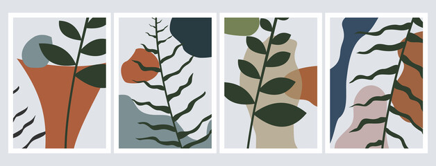 Fototapeta na wymiar Botanical wall art vector set. Foliage line art drawing with abstract shape. Abstract Plant Art design for print, cover, wallpaper, Minimal and natural wall art. Vector illustration.