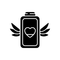 Low battery level problem black glyph icon. Modern devices working time issues. Fixing charging process. Small percentage. Silhouette symbol on white space. Vector isolated illustration