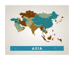 Asia map. Continent poster with regions. Old grunge texture. Shape of Asia with continent name. Appealing vector illustration.