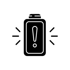 Battery working process risk black glyph icon. Devices chargers working issues. Dangerous power encreasing. Percentage level. Silhouette symbol on white space. Vector isolated illustration