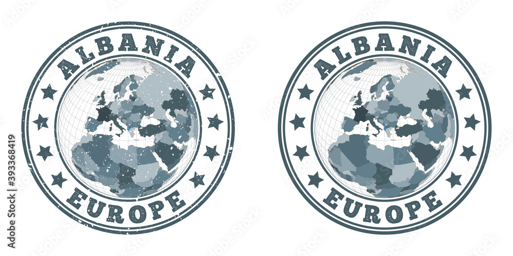 Poster albania round logos. circular badges of country with map of albania in world context. plain and text