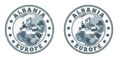 Albania round logos. Circular badges of country with map of Albania in world context. Plain and textured country stamps. Vector illustration.
