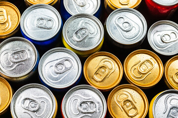 Group of aluminium cans, cold drink. Top view.