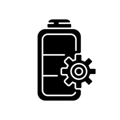 Battery settings black glyph icon. Installing right rules for device usage. Controlling amount of power incoming. Electricity management. Silhouette symbol on white space. Vector isolated illustration