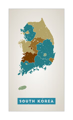South Korea map. Country poster with regions. Old grunge texture. Shape of South Korea with country name. Astonishing vector illustration.