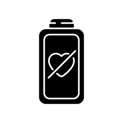 Fully discharged battery black glyph icon. Low percantage on your device. Disabled system. Need conecting to charging cable. Silhouette symbol on white space. Vector isolated illustration