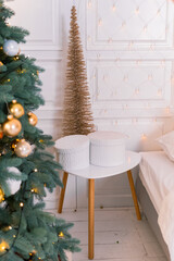Scandinavian style Christmas tree on the bedside table