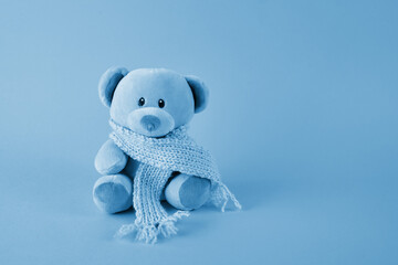Blue teddy bear with scarf on blue background. Blue monday concept.