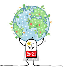 Cartoon 2021 Super Hero Carrying the Earth, Natural and Peaceful