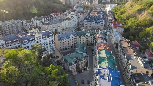 Aerial view. Colored Houses of Vozdvizhenka microdistrict in Kyiv City Center