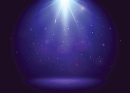 Blue award vector background with top flood light, stage and golden glitter particles. Magic night starry pattern