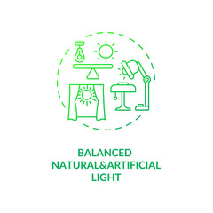Balanced natural and artificial light green concept icon. Comfortable living space. Sunlight from window. Biophilia idea thin line illustration. Vector isolated outline RGB color drawing