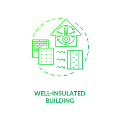 Well insulated building green concept icon. House thermal control. Sustainable energy. Modern construction. Biophilia idea thin line illustration. Vector isolated outline RGB color drawing