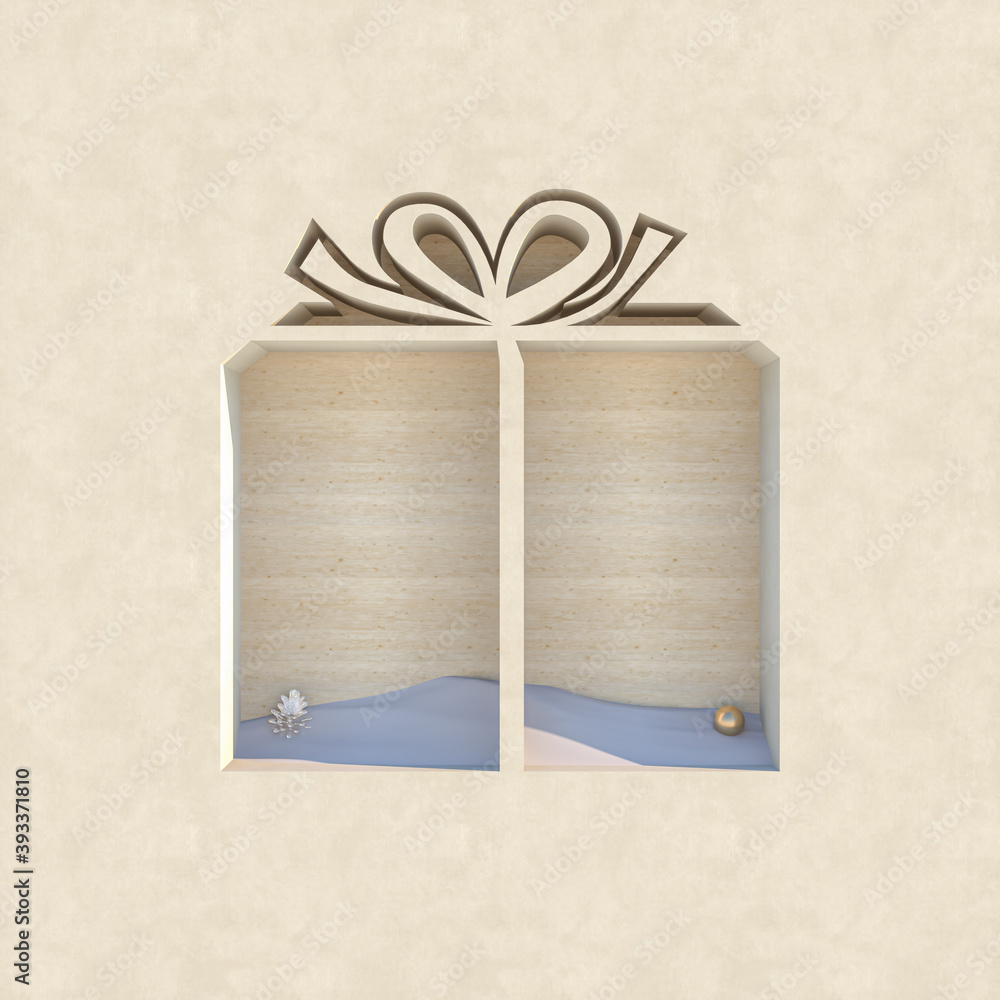 Poster empty wooden podium backdrop with christmas decoration shape. 3d render.